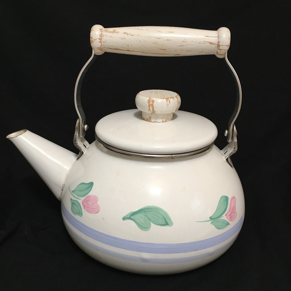 Vtg. Metal Tea Pot w/Wooden Handle & Knob on Lid White w/Pink Flowers Capri 1989